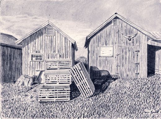 Fishing sheds with lobster traps